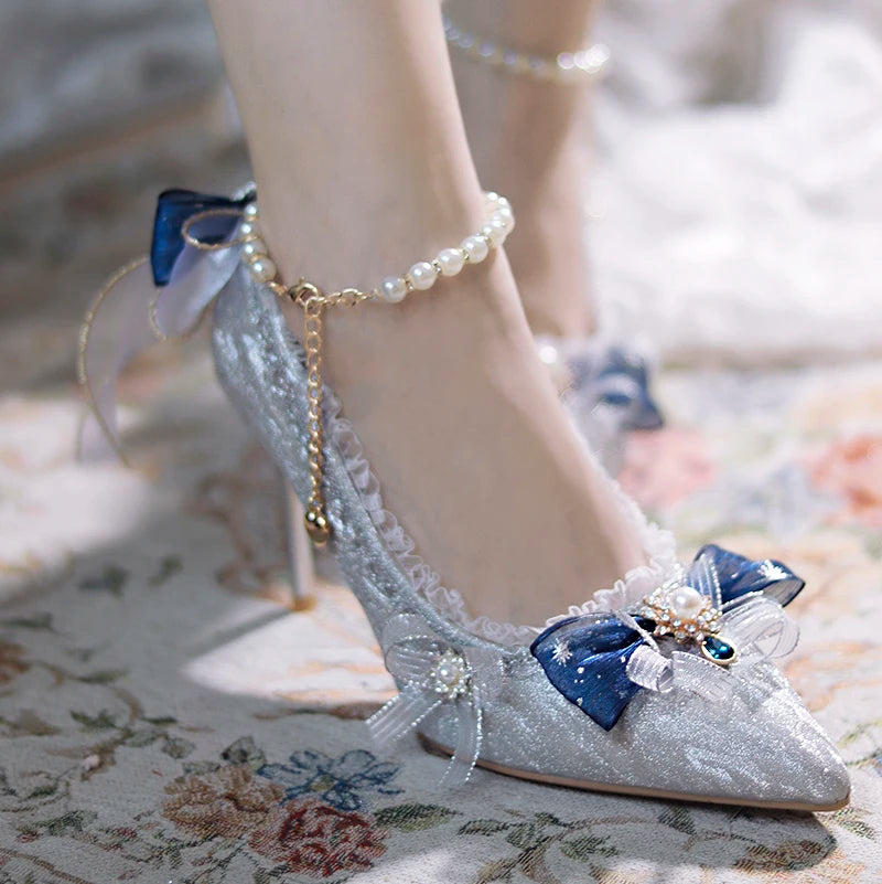 Advbridge Lolita High Heels Sweet Lolita Shoes Shiny Pointed High Heels Flower Wedding Silver Blue Sandals Heels Adult Gift For Daughter