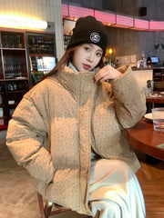 Advbridge -  Korean Sweet Hot Girl Flower Print Cotton Coat Women's Winter Thickened and Warm Stand Collar Loose Coat Fashion Female Clothes