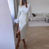 Advbridge Fashion Feather Patchwork Long Sleeve Dress Elegant O-neck Split Solid Midi Dress Women Casual Hight Waist Bodycon Party Dresses