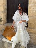 ADVBRIDGE  -  Fringed Lace Up Long Dress Ruffle Pleated Slit Tassel Baggy Slimming Fashion Layered Robes Vacation Beach Women Maxi Dresses New