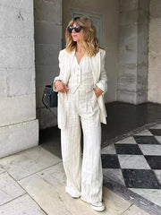 Advbridge Stripes Vest Pants Set Fashion 2 Pcs Outfits Summer Autumn Women Blazer Pants Set Loose Casual Wide Leg Pants Suit New