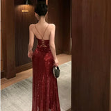 Advbridge Sexy Backless Sequined Maxi Dresses for Women V-neck Lace-up High Split Evening Luxury Dress Fashion Birthday Party Prom Robe