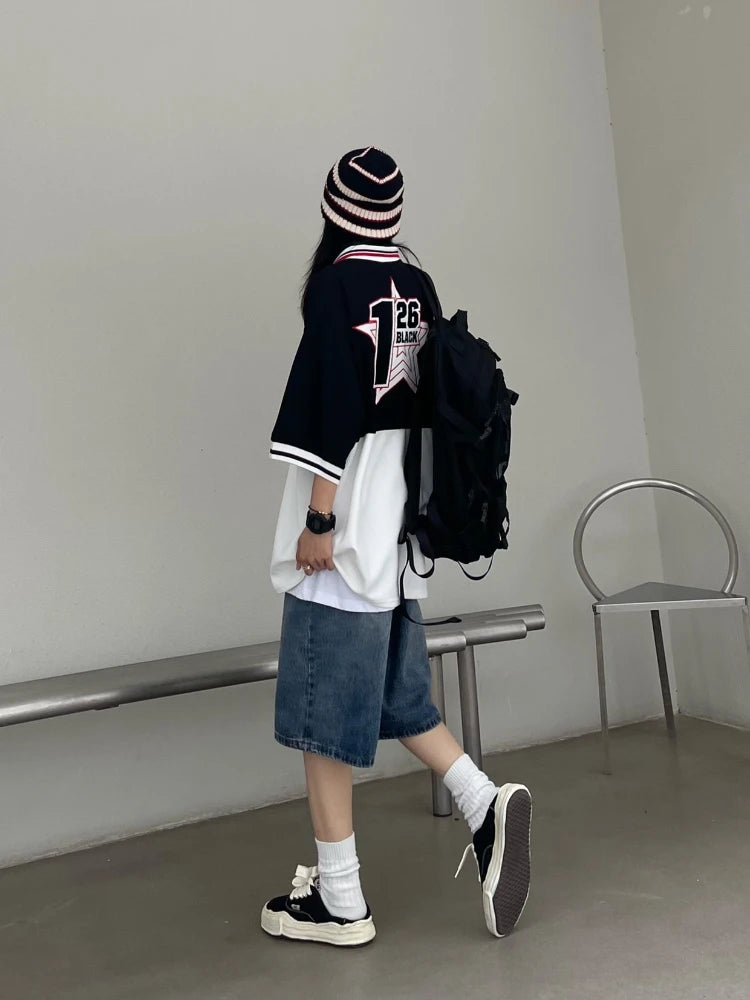 Advbridge Women Y2K Baggy Jorts Vintage Wide Leg Five Points Jeans American Streetwear Casual Washed Oversize Summer Denim Shorts