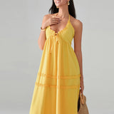 ADVBRIDGE  -  Women's Halter Beach Long Dress Elegant Ruffles Drawstring Flowy Party Dresses Summer Low Cut Tie Back A-Line Vestidos