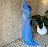 ADVBRIDGE  -  Backless Long Knit Beach Dress Women Holiday Casual See-Through Long Sleeve O Neck Hollow Out Long Dress Bikini Cover Up