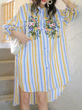 Advbridge Holiday Style Shirt Dress Embroidered Print Loose Dresses Women Irregular Stripes Top Korean Fashion Vestidos Para Mujer