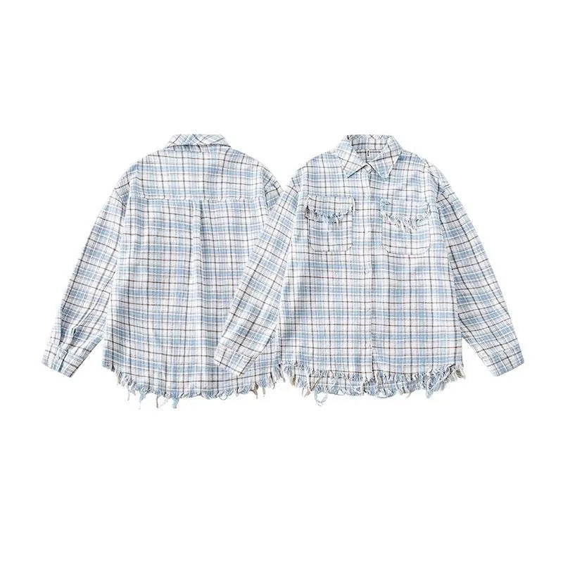 Advbridge Autumn Men's Clothing Luxury Ripped Plaid Shirt Retro Solid Color Button-down Long Sleeve Streetwear Popular Check Clothes