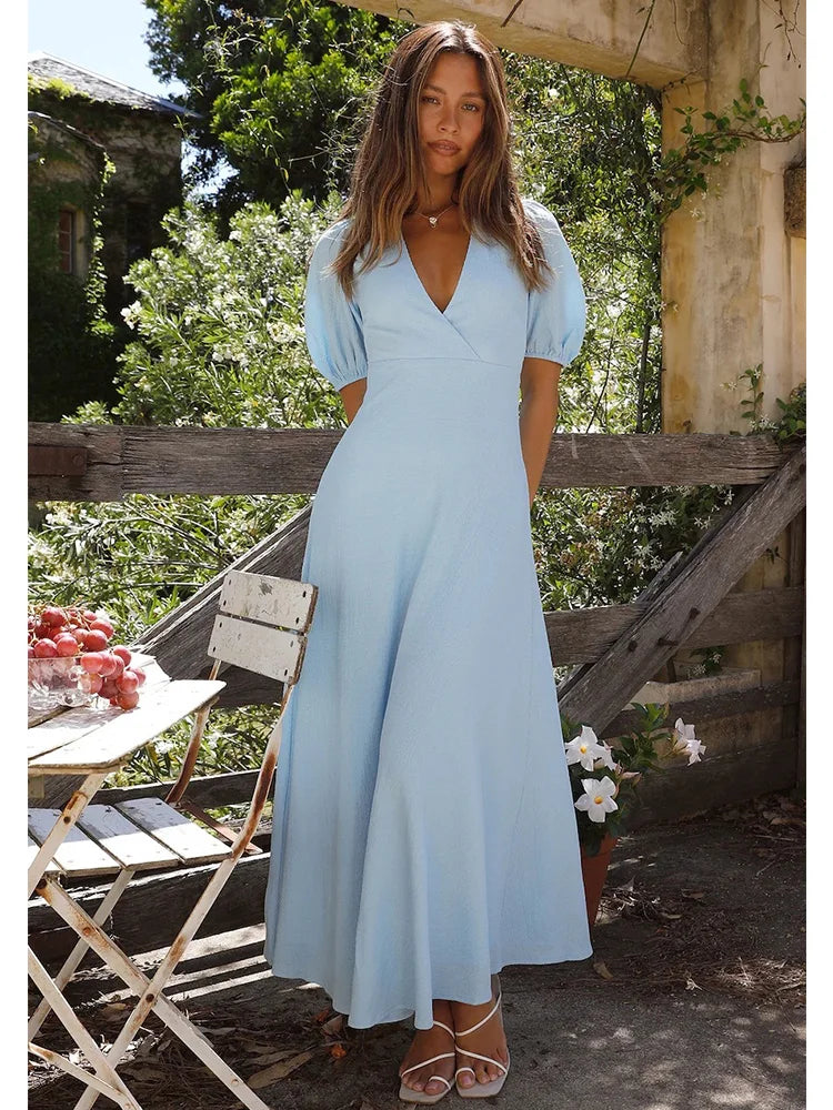 Advbridge Off Shoulder Textured Dress Women's Summer Blue Backless Holiday Sundress Elegant Holiday Party Maxi Vestidos Long Dress