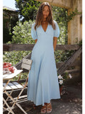 Advbridge Off Shoulder Textured Dress Women's Summer Blue Backless Holiday Sundress Elegant Holiday Party Maxi Vestidos Long Dress