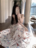 Advbridge -  Korean Sweet Hot Girl Butterfly Print Dress Women's Spring/Summer Lace-up Slim A-line Strap Long Dress Fashion Female Clothes