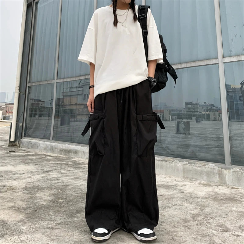 Advbridge  -  Women's Elastic Waist Loose Casual Thin Cargo Pants Hip Hop Street Unisex Style Female High Waist Straight Wide Leg Trousers