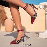 ADVBRIDGE  -  Fashion Leather Leopard Patchwork Heeled Sandals Women Luxury Red Pointed Toe Ankle Strap Cover Heel Sandals Elegant High Heels