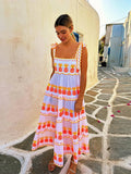 ADVBRIDGE  -  Halter Lace Up Print Dress Cake Contrast Color Pleated Layered Suspender Baggy Women Beach Strap Long Dresses Fuffy Robes Summer