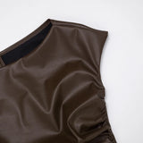 ADVBRIDGE  -  Sexy Temperament PU Leather Tops Skew Collar Single Short Sleeve Solid Color Slim Irregular Folds T-shirt Casual Streetwear