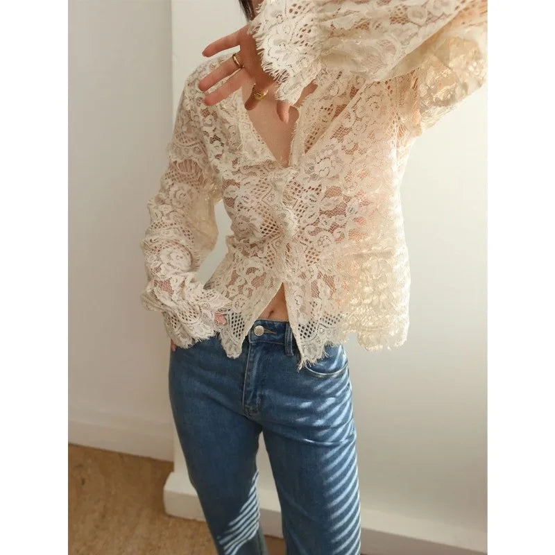 Advbridge Elagant Lace Transparent Blouse Women Youthful V Neck Long Sleeve Shirt Female Vintage Luxury 2024 Spring Aesthetic Korean