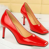 Advbridge Fashion Women 8.5cm High Heels Pumps Brown Glossy Leather Shallow Stiletto Heels Lady Wine Red Nude Office Square Toe Prom Shoes