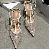 ADVBRIDGE  -  Sexy Pointy Toe Mesh Heeled Sandals Women Luxury Bling Decorated High Heels Elegant T-Strap Ankle Strap Buckle Party Dress Shoe