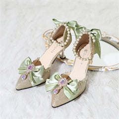 Advbridge Mori Girl Pearl Chain Diamond Bowknot Lolita Shoes Spring Woman Starry Sky Pointed Sandals High Heel Cosplay Lolita Shoes