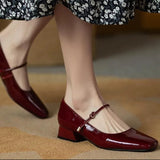 Advbridge -  New Square-toe Leather Shoes Red Black Mary Janes Shoes Women'S Shallow Mouth Casual Chunky Heel Shoes Low Heels Shoes