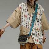 Advbridge Men Summer Trendy Japanese Style Vintage Printed Pockets Asymmetrical Vest Y2K Harajuku Streetwear Oversized Short Sleeve Shirts
