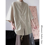 ADVBRIDGE  -  M-5XL Plus Size Men's Casual Kung Fu Shirt Short Sleeve Mandarin Collar Frog Button Loose Retro Summer Clothing Plain Color Top