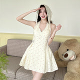 ADVBRIDGE  -  French Style Sweet Mini Dresses Women Apricot Lace Halter V-neck Elegant Party Dress Summer Pink Print Retro Vestido Kawaii Lady