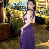 ADVBRIDGE  -  Elegant Sexy Halter Purple Dress Women Strap Backless Solid Summer Dress Vacation Holiday Birthday Party Engagement Chic Vestido