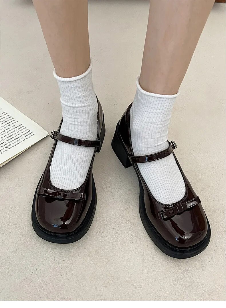 Advbridge Vintage High Heel Mary Jane Shoes for Women New Summer Bow Brown Round Head English Style Small Leather Shoes