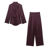 ADVBRIDGE  -  Spring New Solid Pants Sets Women Single Breasted Long Sleeve Lace-up Blouse+Pleated Trouser Casual Vintage Fashion 2 Piece Set