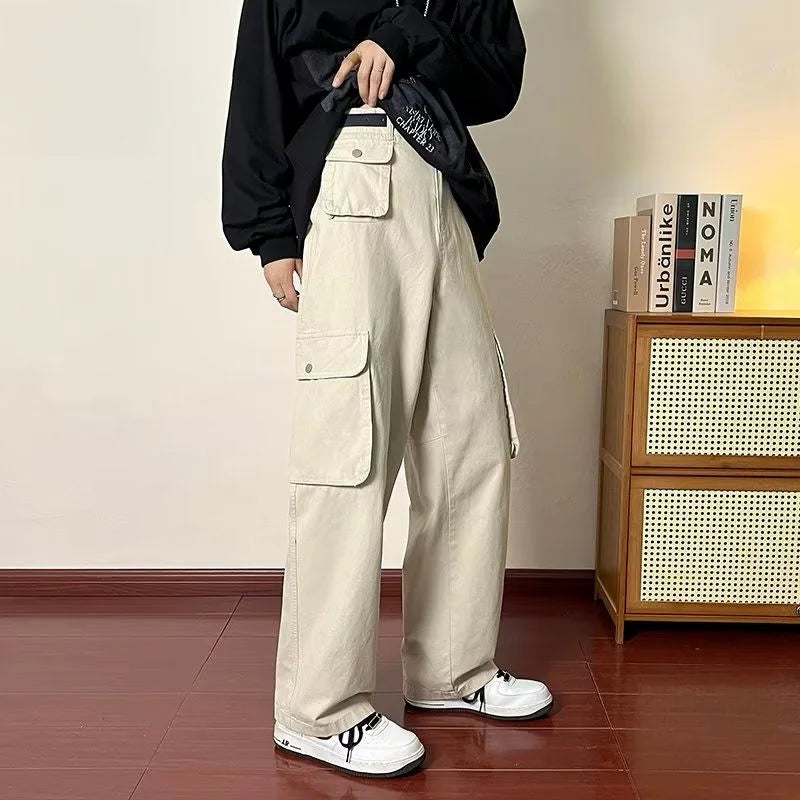 Advbridge -  Spring Summer Men's New Solid Color Casual Pants Men Loose Straight Wide Leg Pants Male Vintage Cargo Pants Streetwear H169