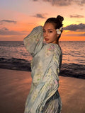 ADVBRIDGE  -  Sweet V Neck Printed Mini Dress Elegant Lace Up Long Sleeve Pleated Fluffy Gowns New Women's Summer Beach Vacation Vestidos 2025