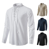 Advbridge Men's Cotton Linen Henley Shirt, Long Sleeve Hippie Casual Top, Beach Stand-up Collar Tie Fashion Shirt