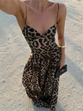 ADVBRIDGE  -  Sexy Leopard Long Dress Women 2025 New Casual V Neck Sleeveless A-line Vestidos Summer Vintage Fashion Holiday Maxi Dress Female