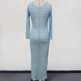 ADVBRIDGE  -  Sexy Women Solid Long Knit Sleeve Bikin Fashion Cover up Female See-Through Deep V-Neck Hollow-Out Beach Knitwear Maxi Dress