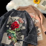 Advbridge Gothic Washed Tshirts Rose Printed Streetwear Men T-shirt O-neck Oversized Korean Short Sleeve Tops Harajuku Casual Male Tee