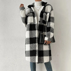 Advbridge Women Plaid Patchwork Fleece Loose Midi Jacket Fashion Lapel Collar Buttoned Woolen Coat Winter Long Sleeve Thickness Cardigan