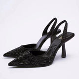 Advbridge pointed toe glod/blue crystal sandals women sexy backsling glitter party shoes big size cutout high heels sandalias mujer