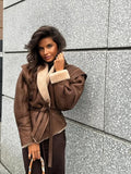 Advbridge Elegant Irregular Hem Plush Lapel Coat Chic Lace Up Pocket Long Sleeve Women Jacket 2024 Autumn Winter New Warm Street Outerwear