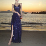 Advbridge Sexy Backless Sequined Maxi Dresses for Women V-neck Lace-up High Split Evening Luxury Dress Fashion Birthday Party Prom Robe