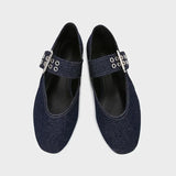 ADVBRIDGE  -  Denim Blue Flat Ballet Flats Women Fashion Metal Buckle Strap Design Flats Shoes Light Breathable Mary Jane Shoe Designer Shoes