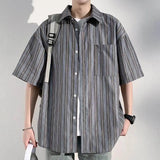 ADVBRIDGE  -  Men's Vertical Stripe Color-Block Lapel Loose-Fit Short Sleeve Shirt - Casual Breathable Top, Trendy Summer Style, Relaxed Fit