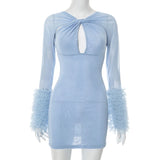 ADVBRIDGE  -  Women's Mesh Cross Hollow Long Sleeved Plush Cuffs Tight Sexy See-through Wrapped Hip Short Dresses Party Nightclub Outfit