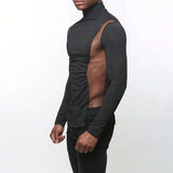 Advbridge Mens Sexy Tight-Fitting Sports Fitness Mesh Long-Sleeved Tops Autumn Nightclubs Perspective Stitching Stretch Turtleneck Tops
