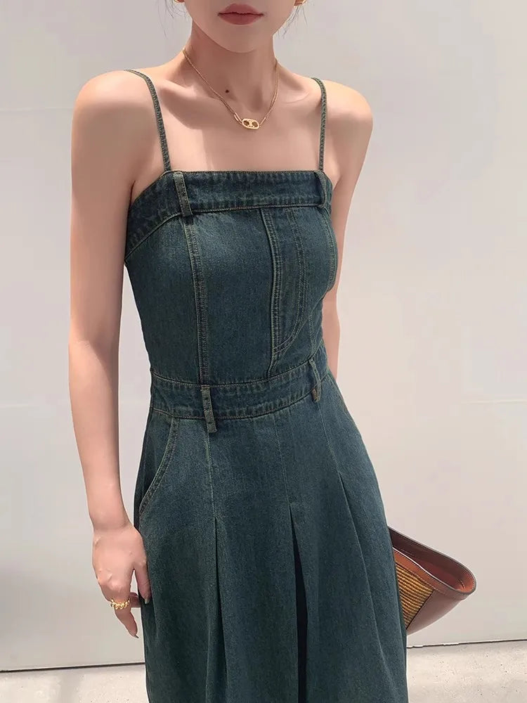 Advbridge Deep Blue Denim Camisole Dress For Women'S Summer Retro One Shoulder Elastic Strapless Slim Fitting Temperament Dress