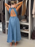 ADVBRIDGE  -  Casual Backless Denim Long Dress Fashion Lace Up Sleeveless Pleated Zipper Gown New Women Summer Highstreet Holiday Dresses 2025