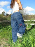Advbridge Vintage Big Pocket Baggy Blue Jeans Women Casual Fashion High Waist Letter Pattern Trousers Harajuku Wide Leg Straight Pants