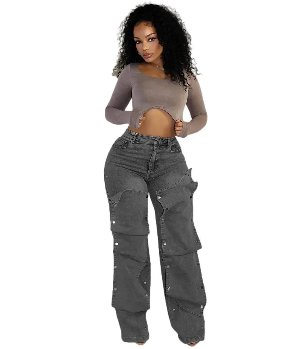 Advbridge  Women Streetwear Button Cutout Cargo Straight Denim Wide Leg Jeans Pants 2024 INS Elastic Fashion Party Cargo Trousers