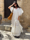ADVBRIDGE  -  Tassel Fringes Lace Up Women's Long Dresses Elegant V-neck Puff Sleeve Cascading Ruffle Female Robes Female 2025 Beach Vestidos