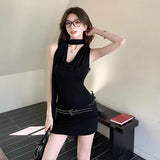 ADVBRIDGE  -  Summer Dresses for Women's Black Sexy Knitted Vestidos V-neck Casual Lace-up Sleeveless Chic Slim Elegant Hip Dress