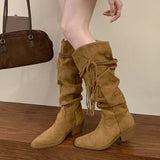 ADVBRIDGE  -  Western Style Fashion Hemp Tassel Knee High Boots Women Winter Street Pointed Toe Cowboy Boots Low Thick Heels Long Shoes